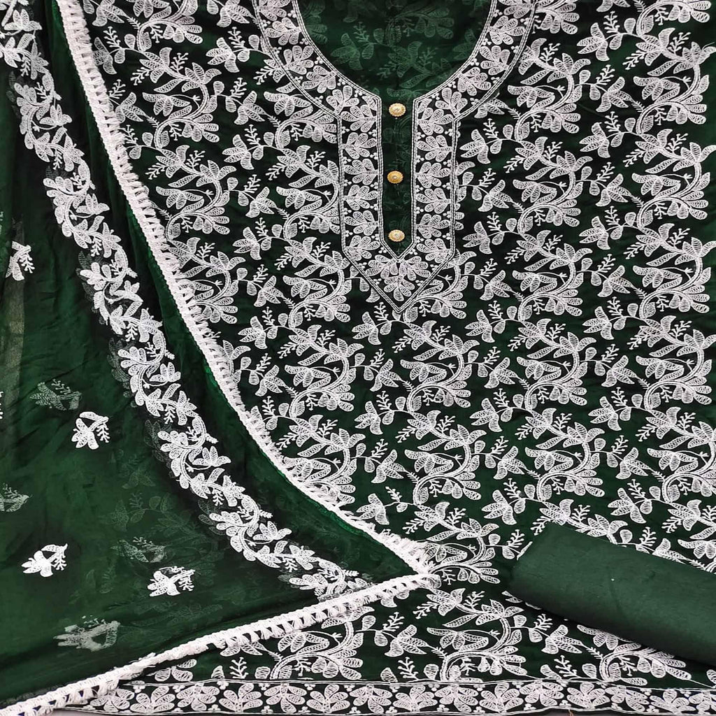 Bottle Green Lucknowi Embroidered Modal Dress Material