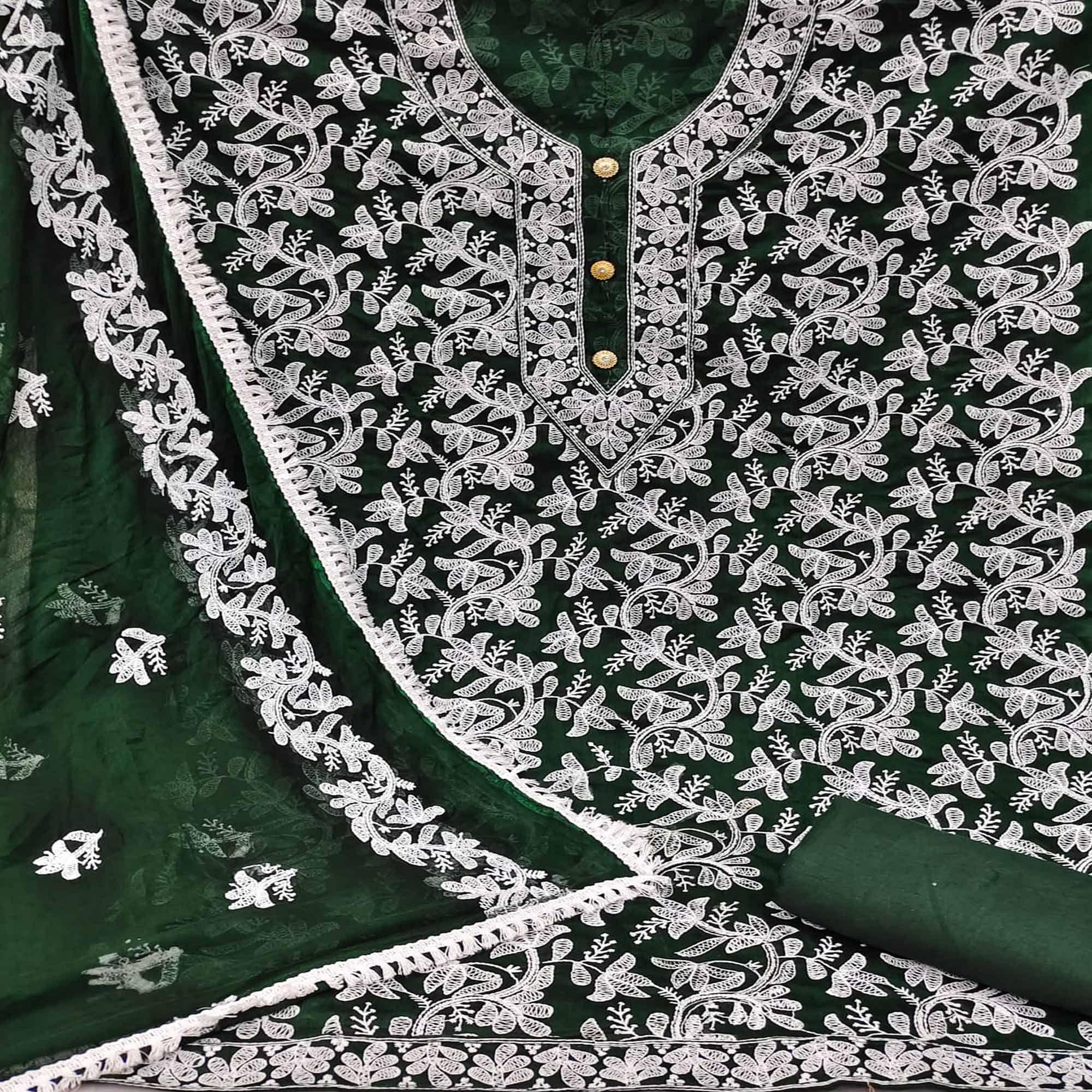 Bottle Green Lucknowi Embroidered Modal Dress Material