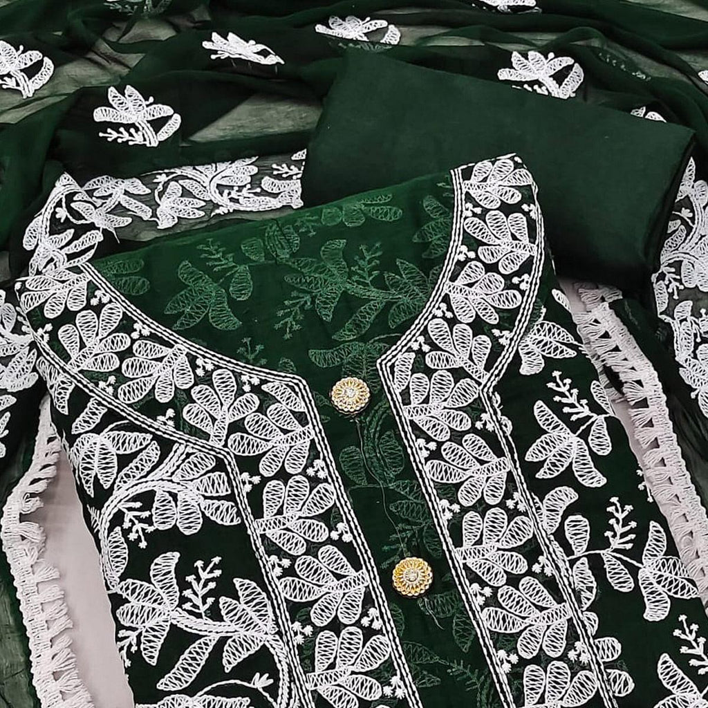 Bottle Green Lucknowi Embroidered Modal Dress Material