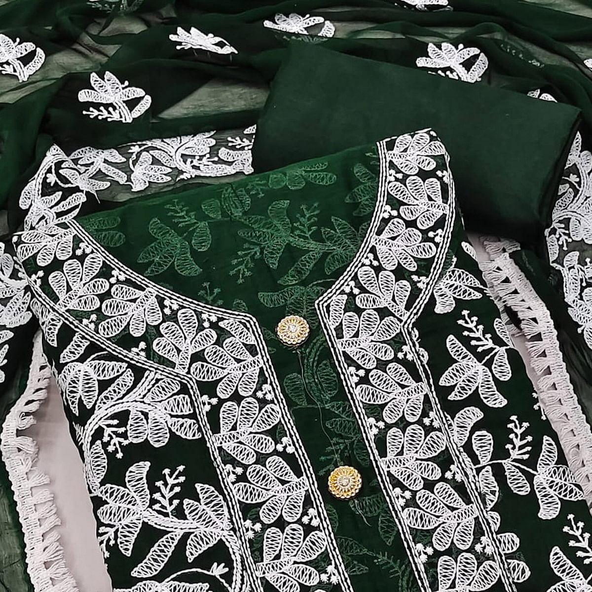Bottle Green Lucknowi Embroidered Modal Dress Material