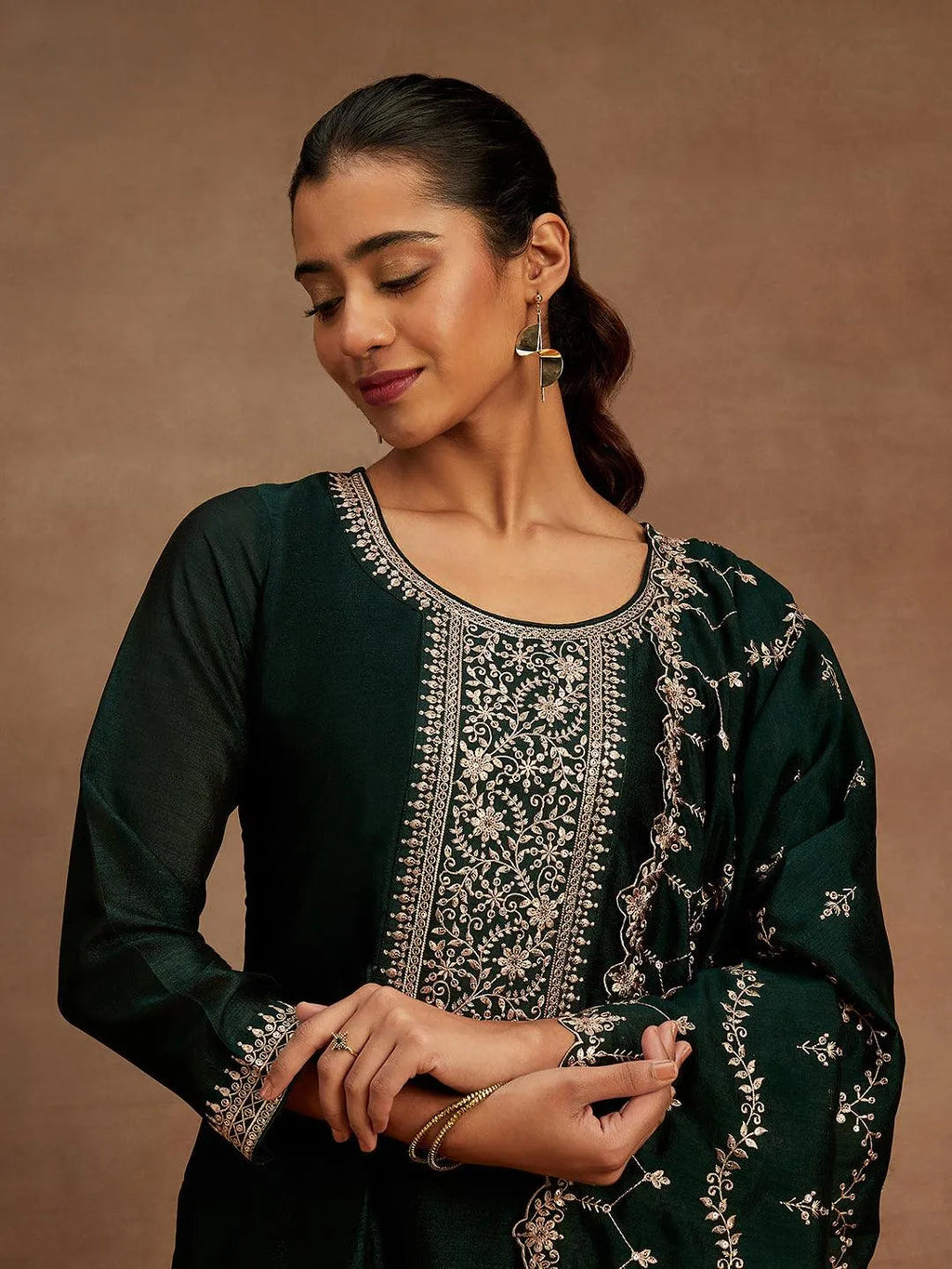 Green Yoke Design Silk Blend Straight Suit With Dupatta