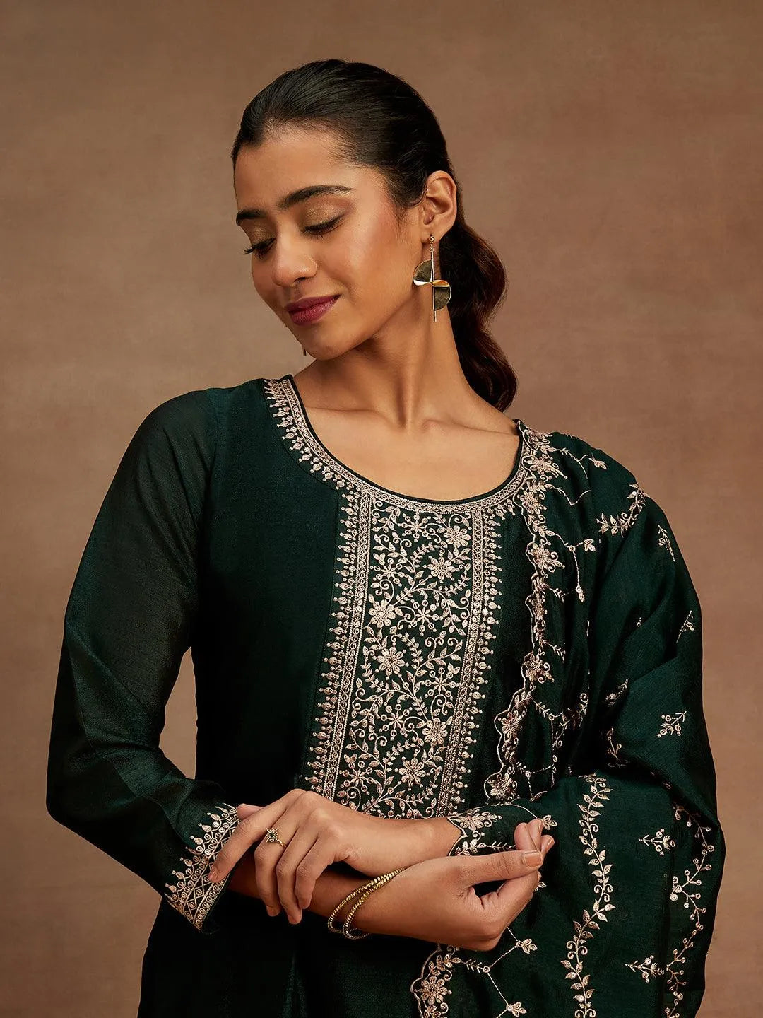 Green Yoke Design Silk Blend Straight Suit With Dupatta