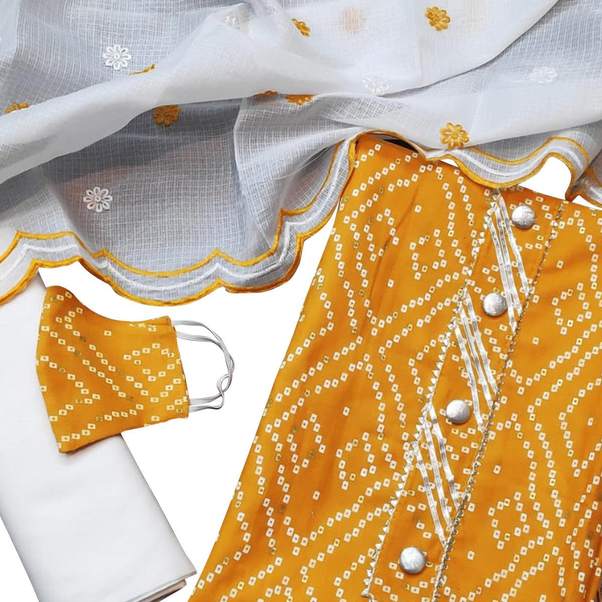 Breathtaking Mustard Yellow Colored Casual Wear Printed Cotton Dress Material