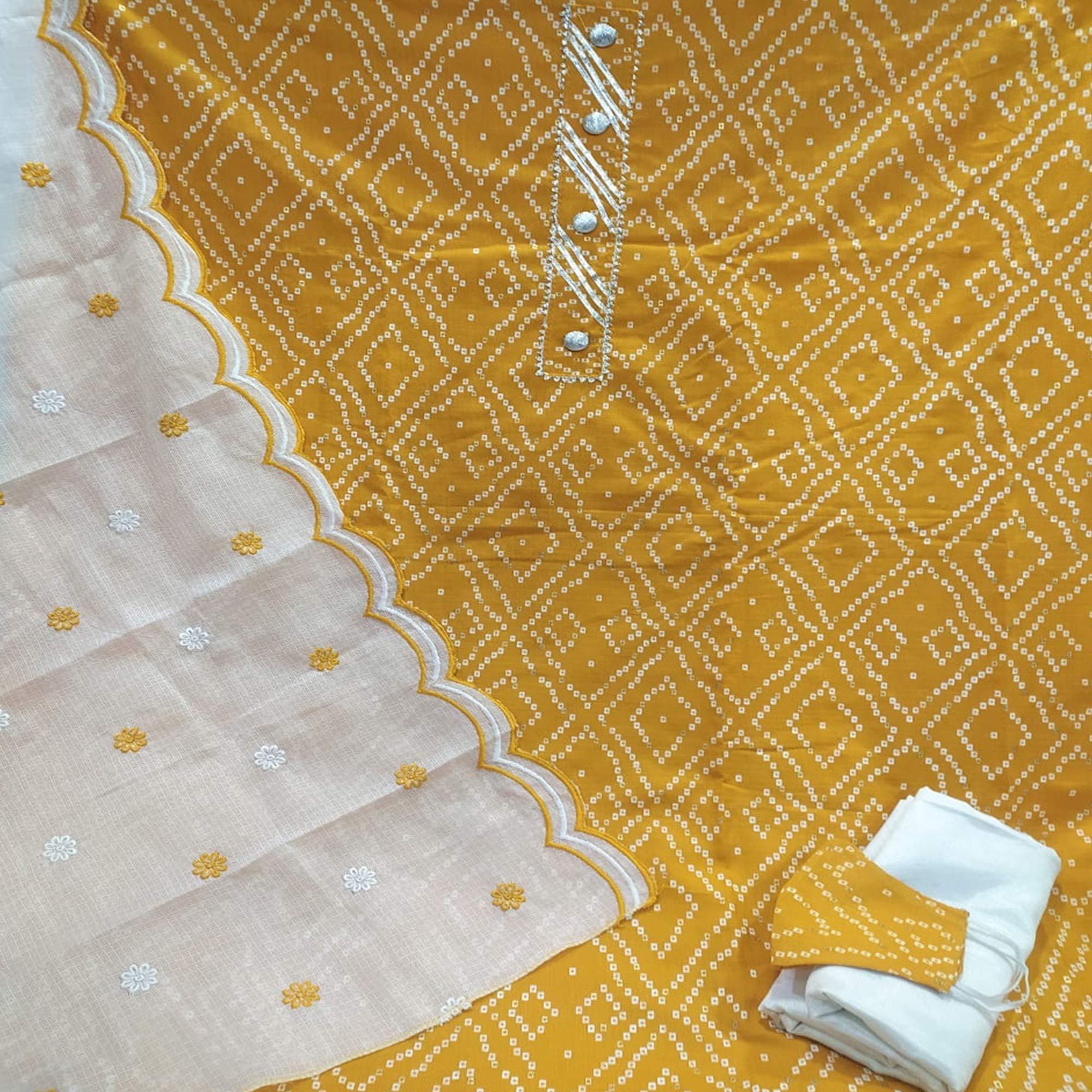 Breathtaking Mustard Yellow Colored Casual Wear Printed Cotton Dress Material