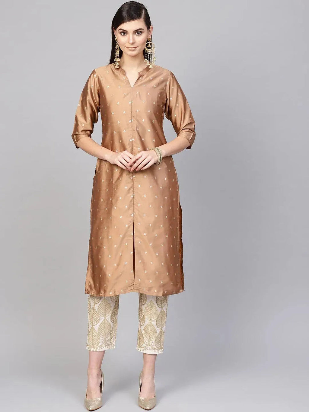 Brown Embroidered Polyester Straight Kurta With Trousers