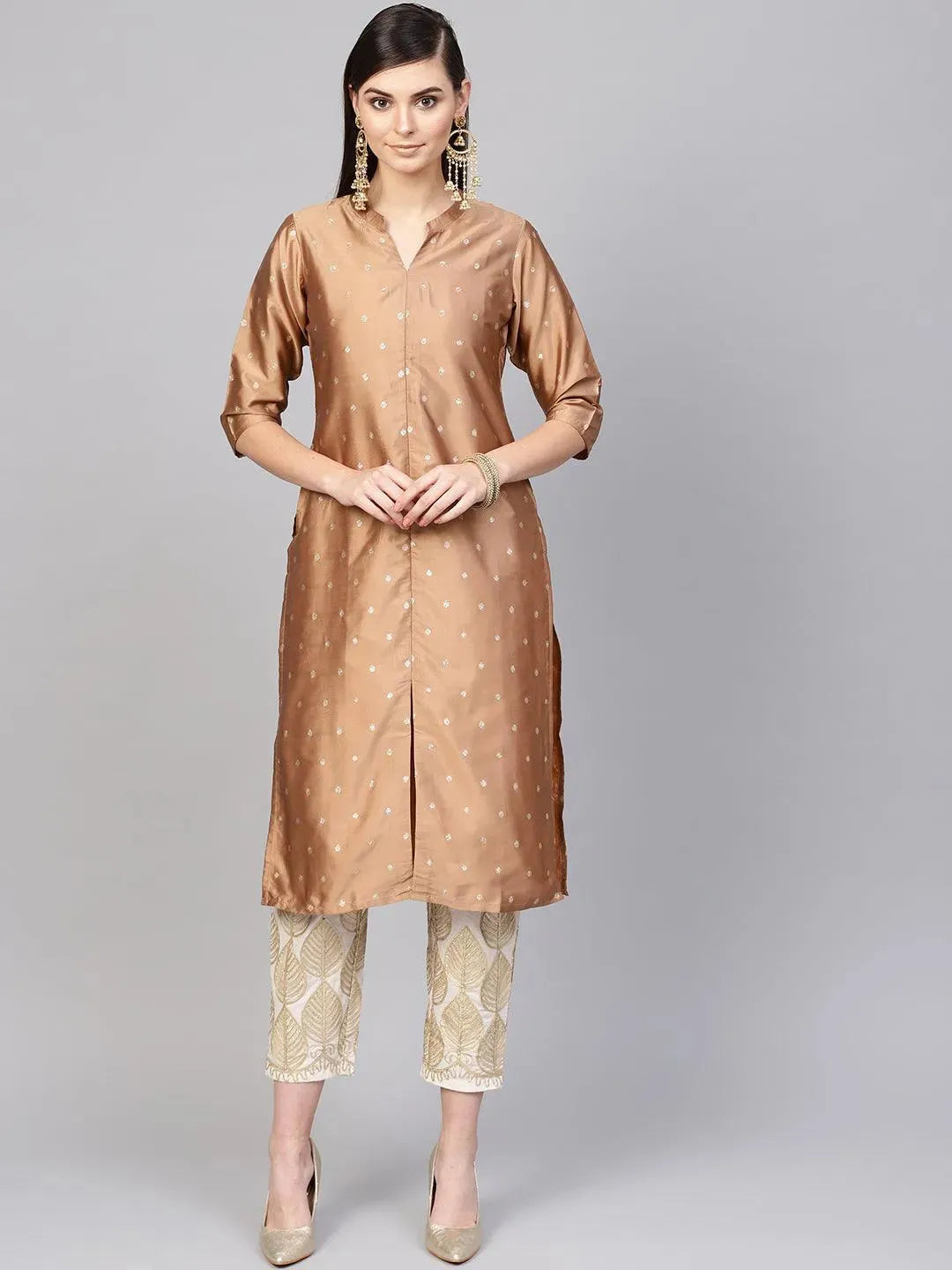 Brown Embroidered Polyester Straight Kurta With Trousers
