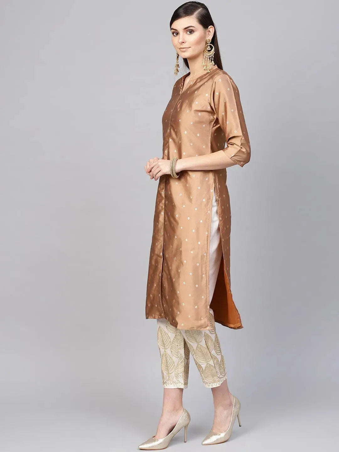 Brown Embroidered Polyester Straight Kurta With Trousers