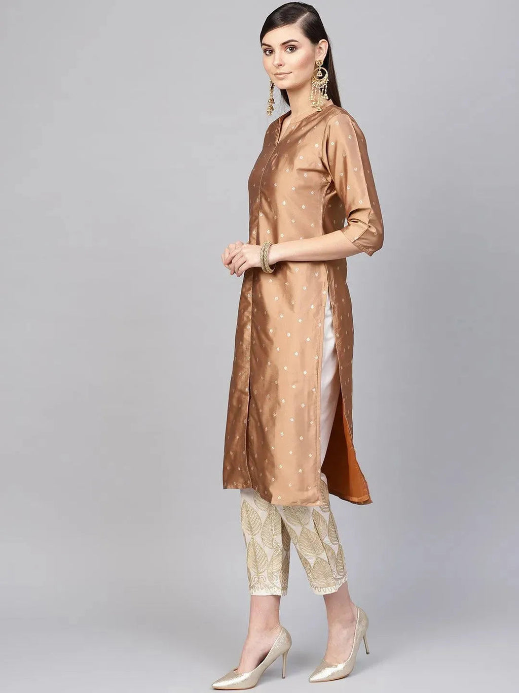 Brown Embroidered Polyester Straight Kurta With Trousers
