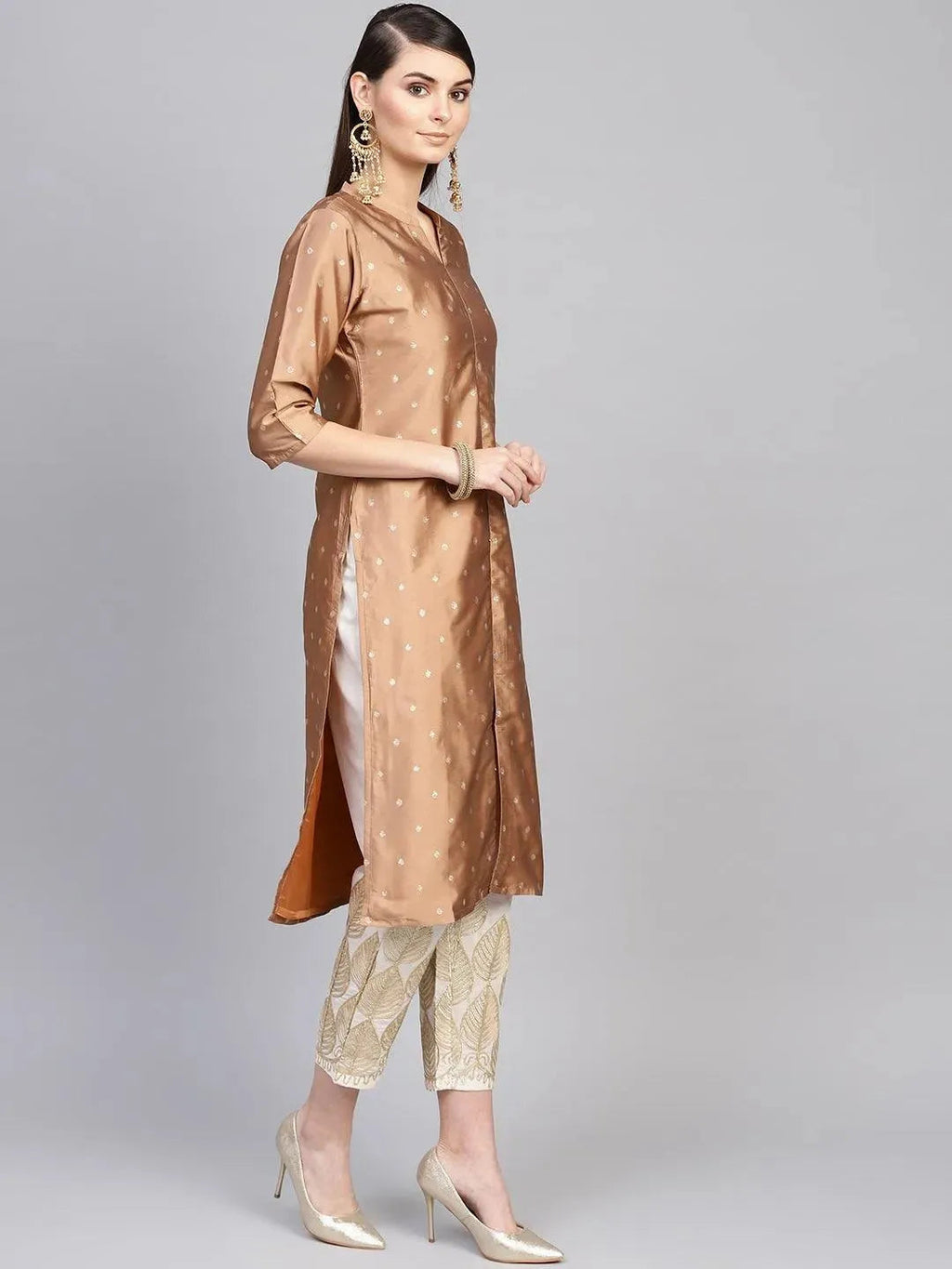 Brown Embroidered Polyester Straight Kurta With Trousers