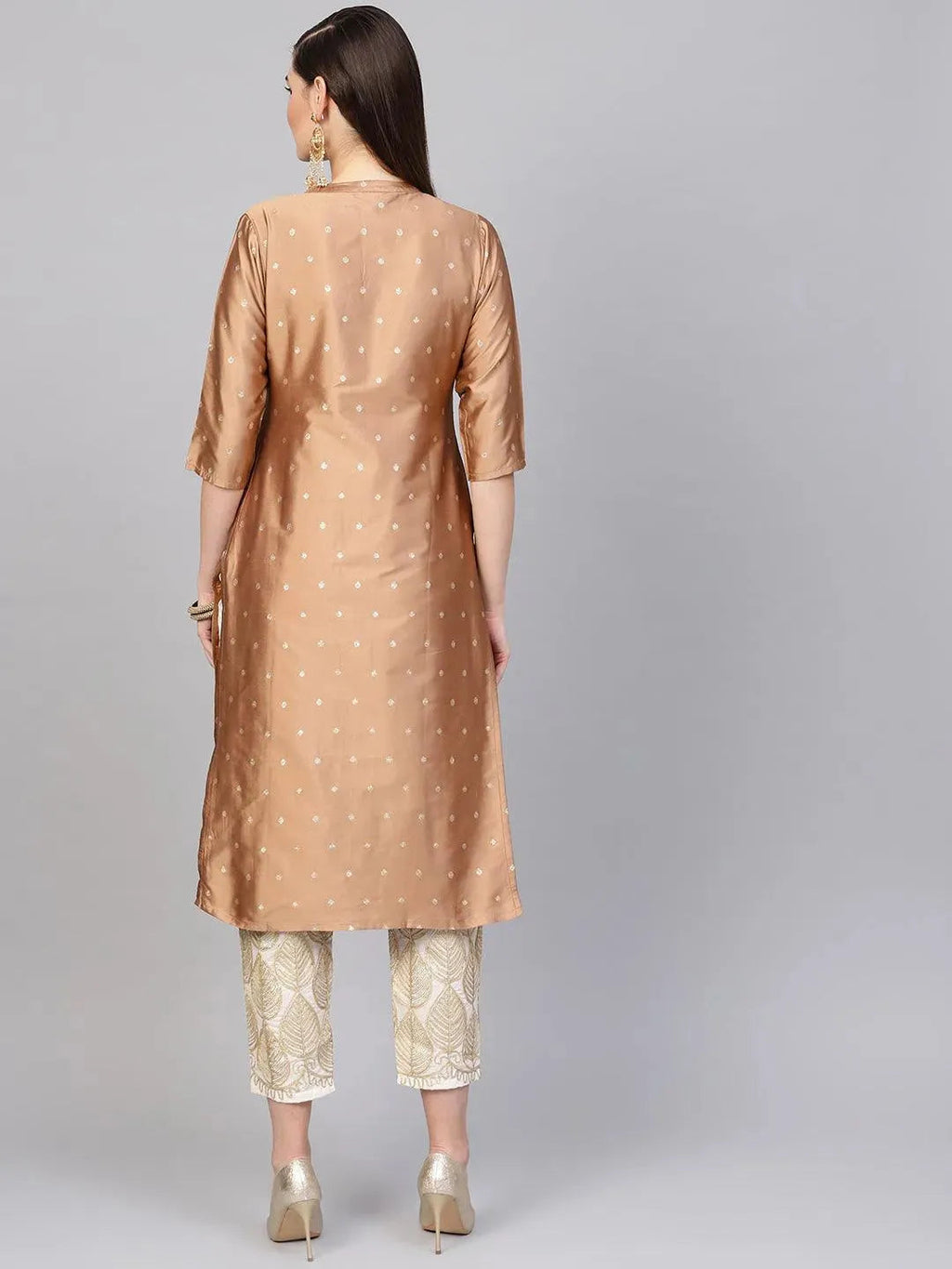Brown Embroidered Polyester Straight Kurta With Trousers