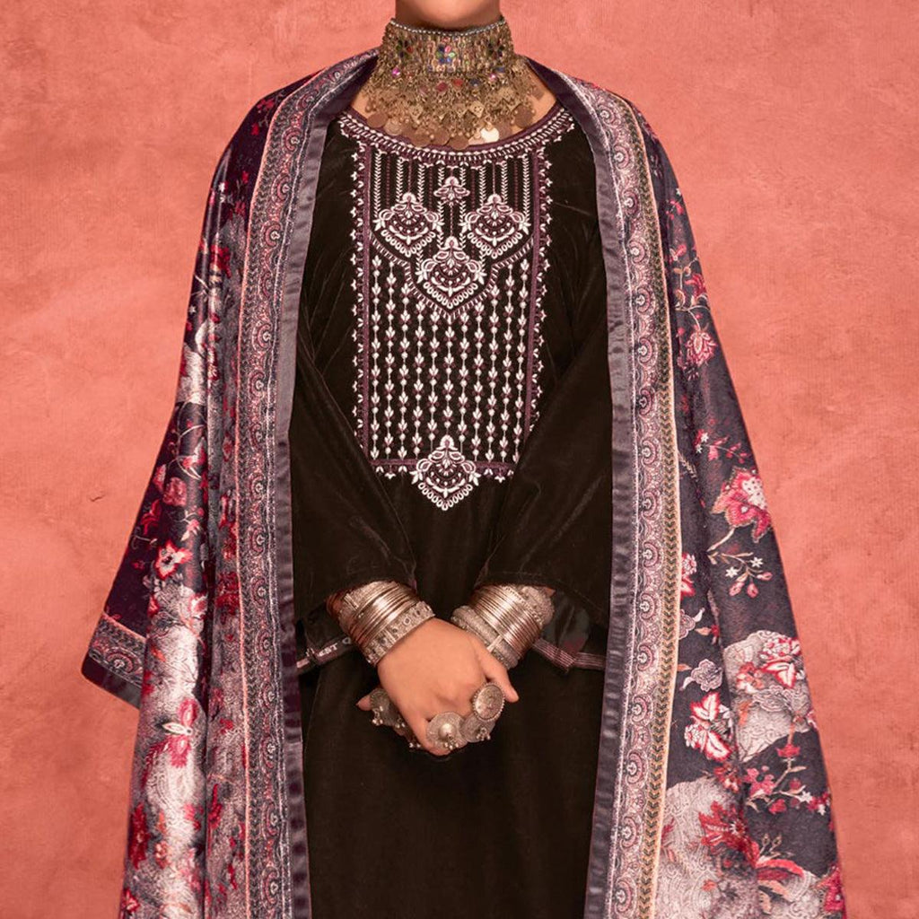 Brown Embroidered Velvet Pakistani Suit