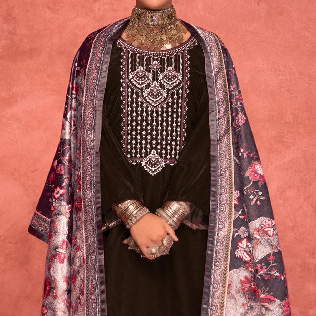 Brown Embroidered Velvet Pakistani Suit