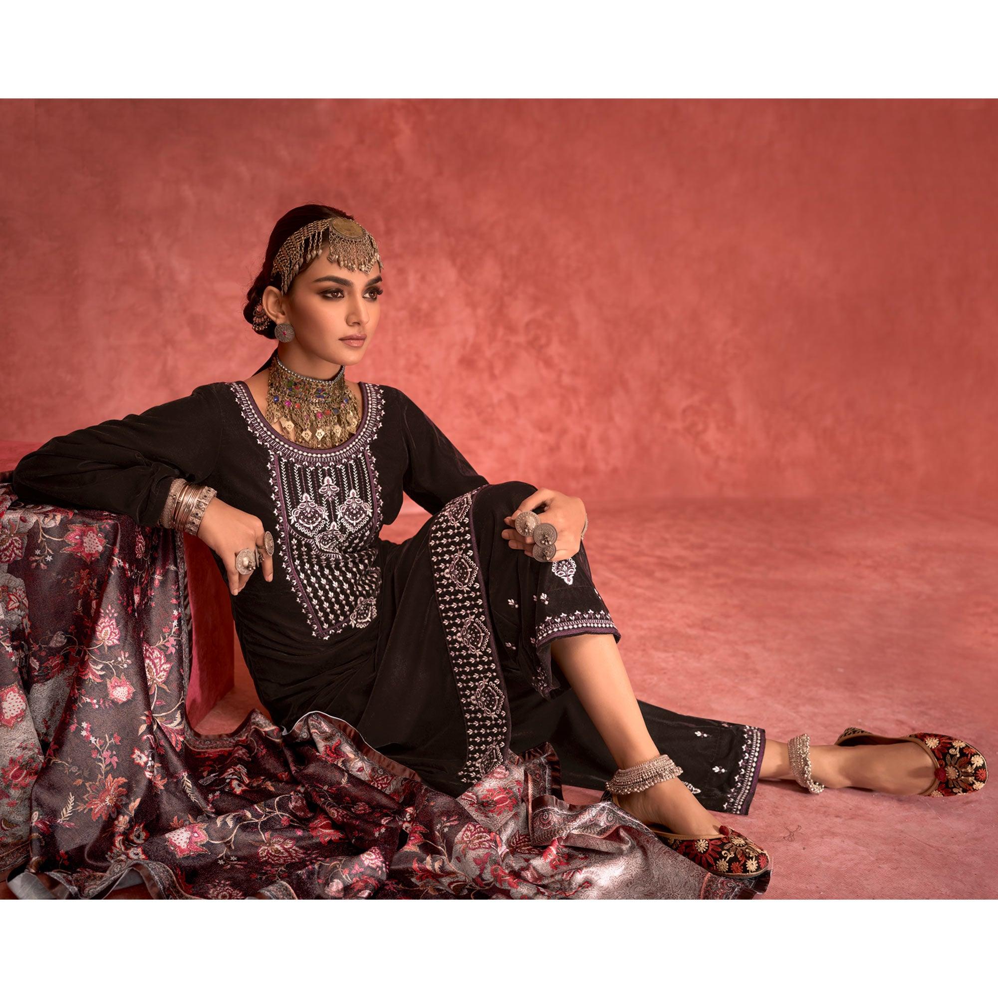 Brown Embroidered Velvet Pakistani Suit