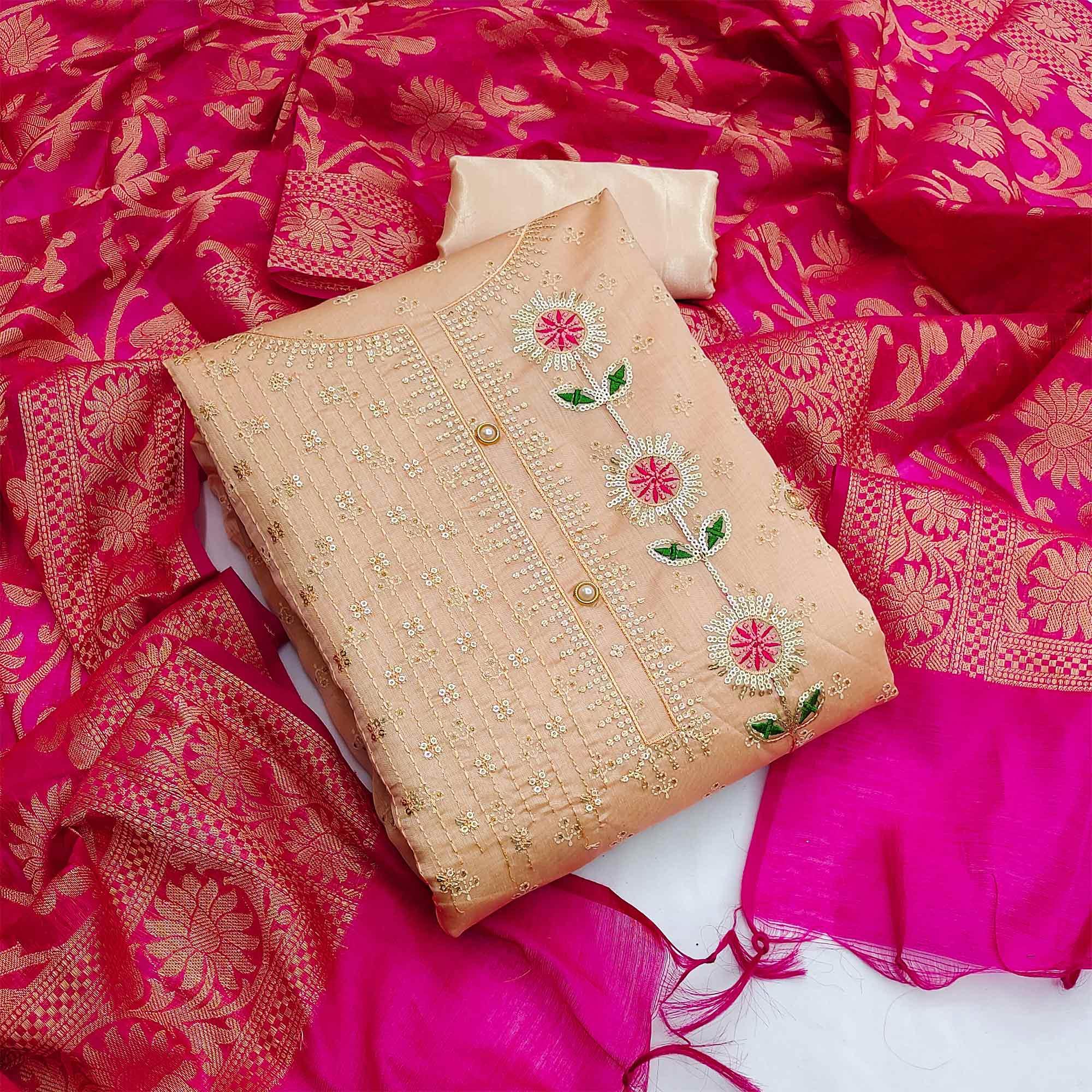 Brown Festive Wear Sequins Embroidered Chanderi Dress Material