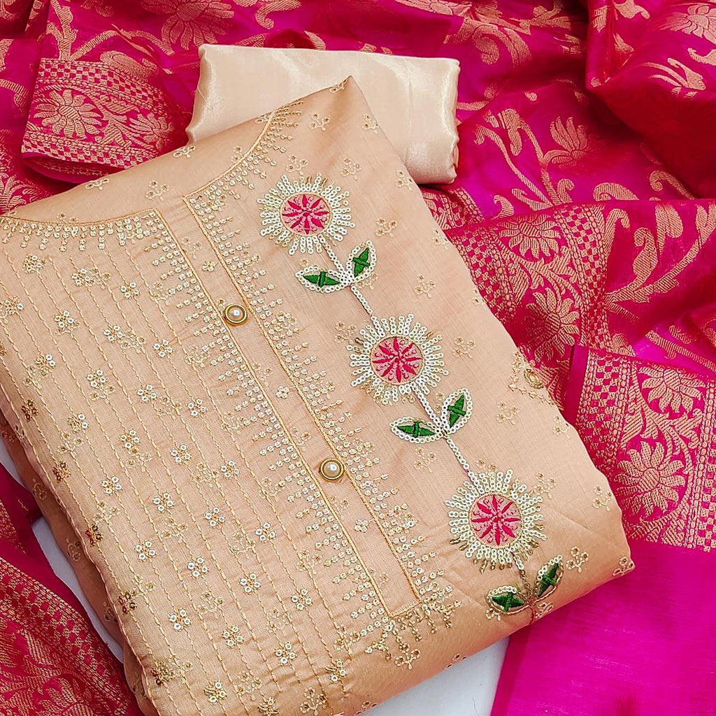 Brown Festive Wear Sequins Embroidered Chanderi Dress Material