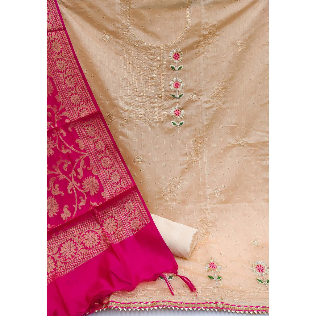 Brown Festive Wear Sequins Embroidered Chanderi Dress Material