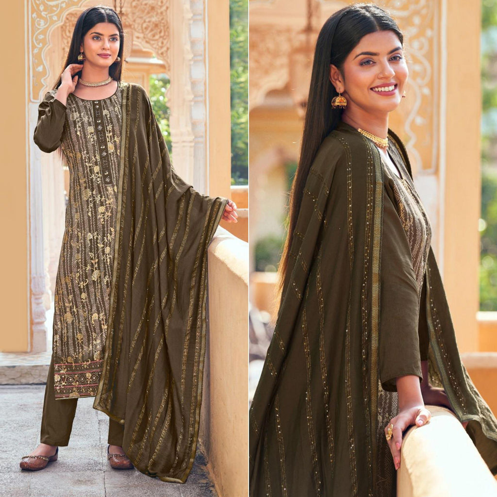 Brown Floral Digital Printed Dola Silk Salwar Suit