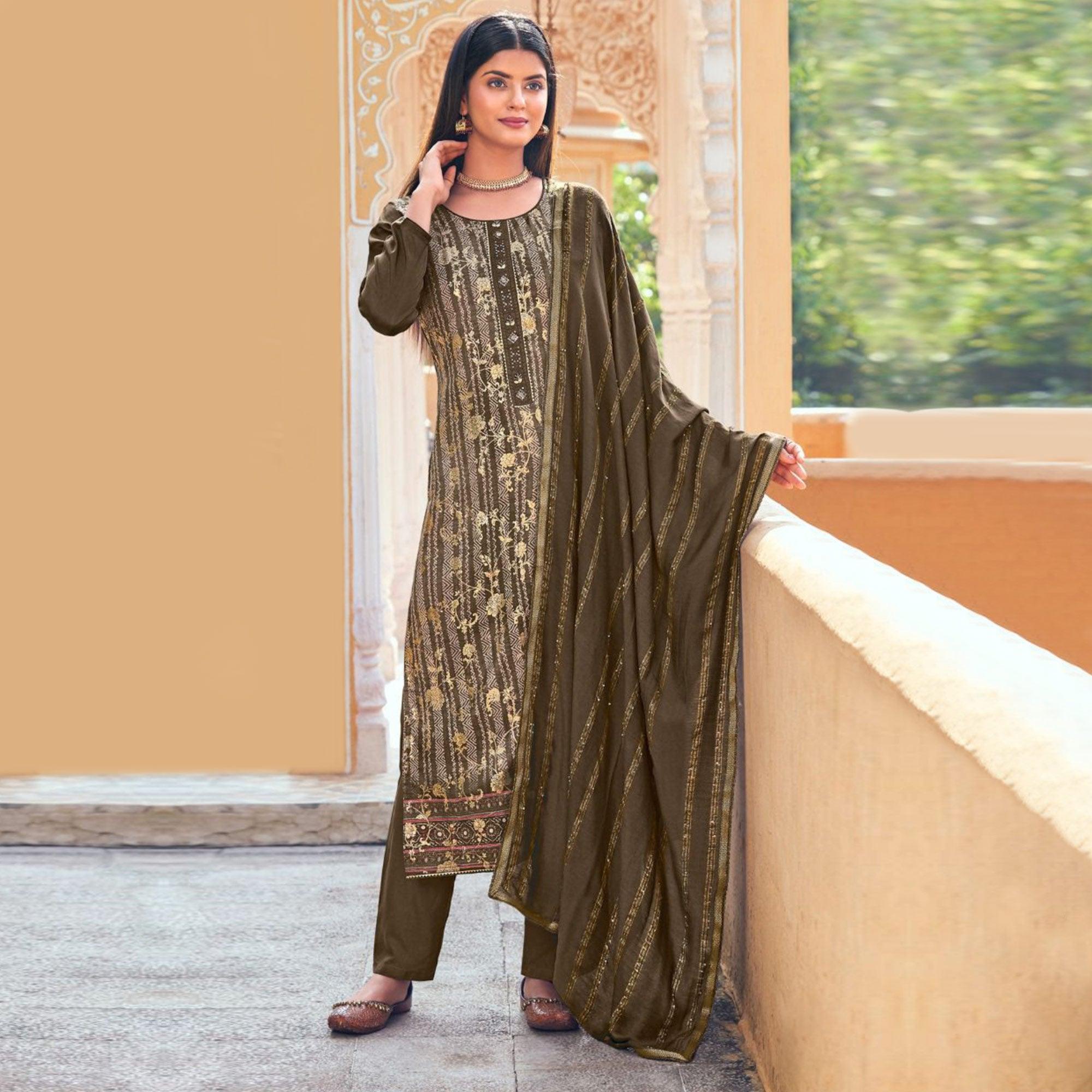 Brown Floral Digital Printed Dola Silk Salwar Suit