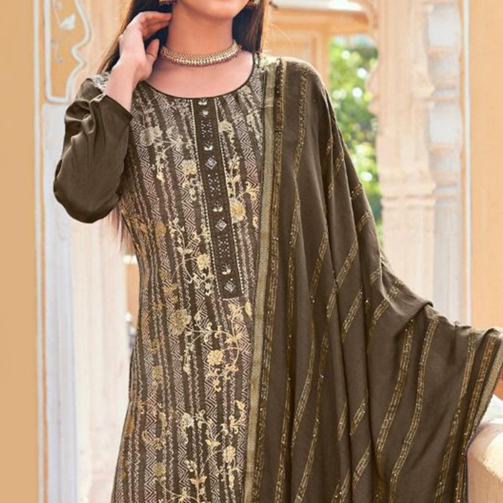 Brown Floral Digital Printed Dola Silk Salwar Suit