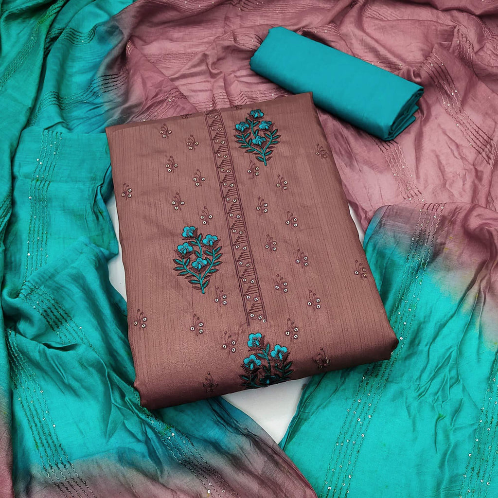 Brown Floral Embroidered Art Silk Dress Material