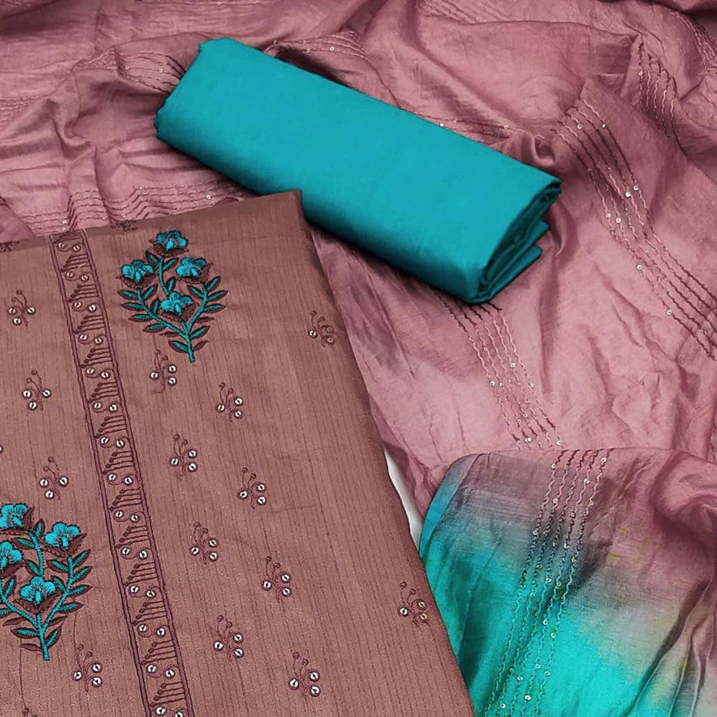 Brown Floral Embroidered Art Silk Dress Material