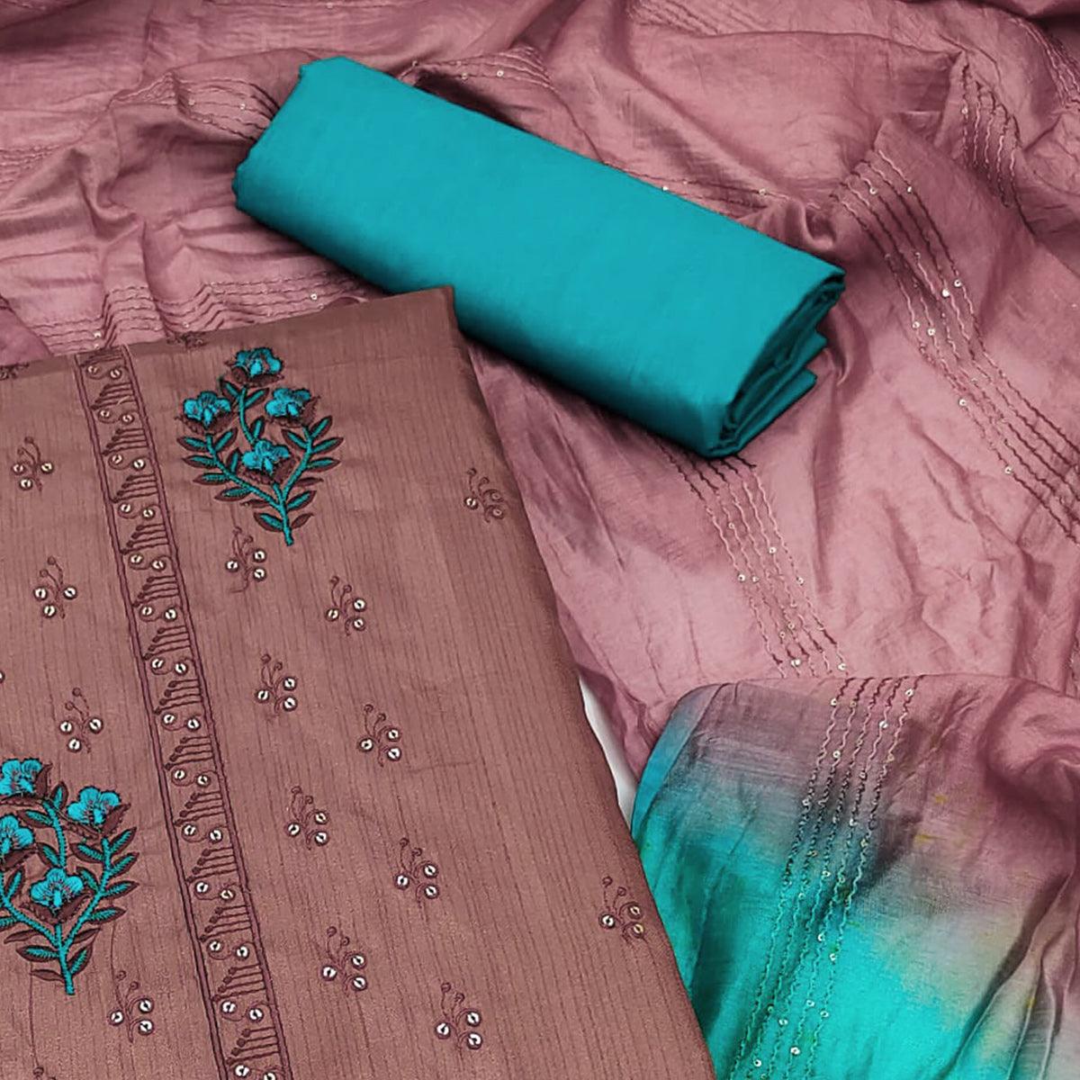 Brown Floral Embroidered Art Silk Dress Material