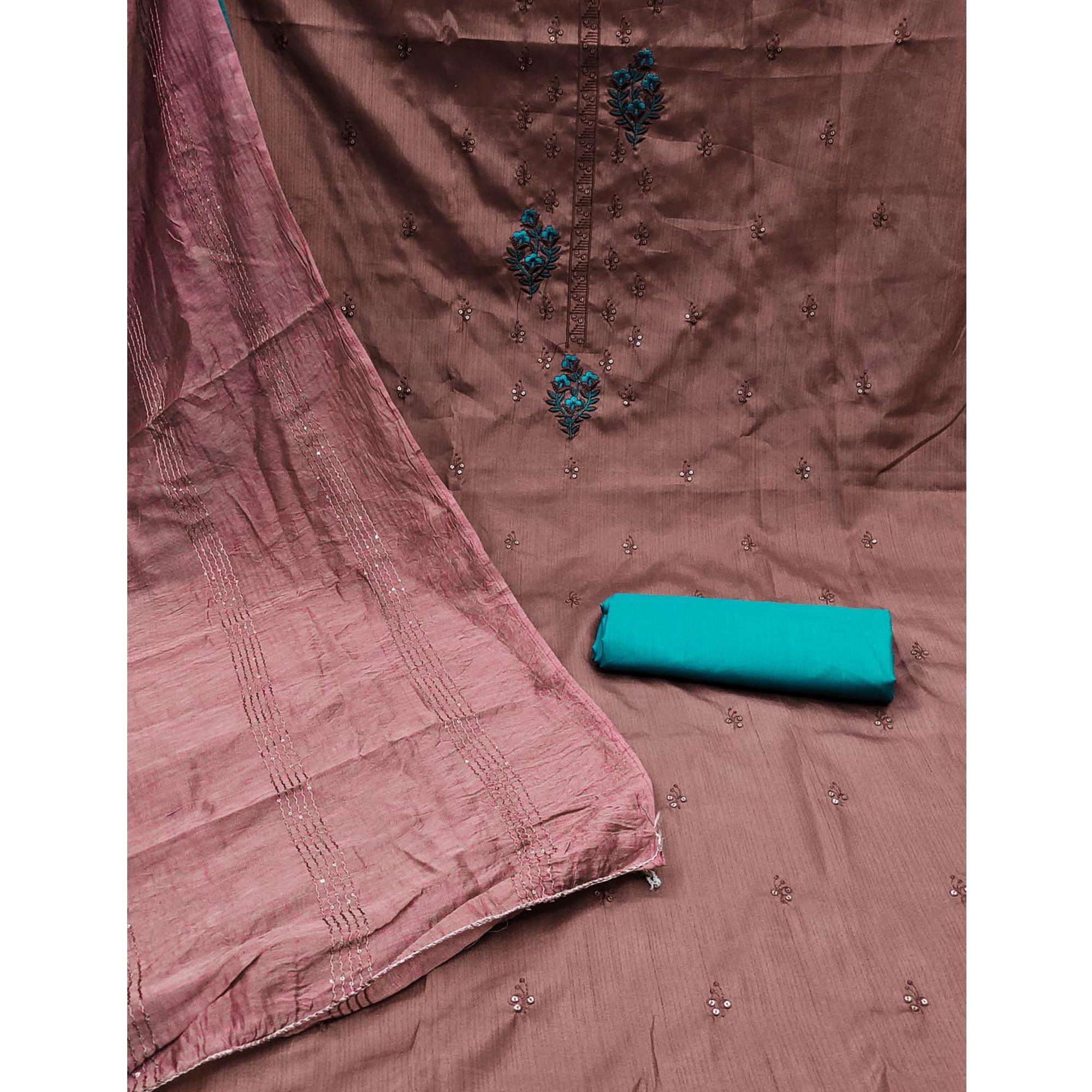 Brown Floral Embroidered Art Silk Dress Material