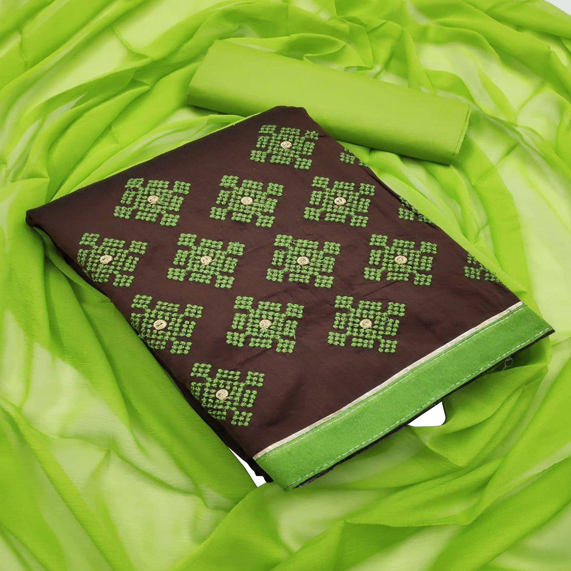 Brown - Light Green Embroidered Chanderi Dress Material