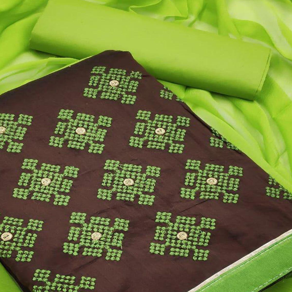 Brown - Light Green Embroidered Chanderi Dress Material