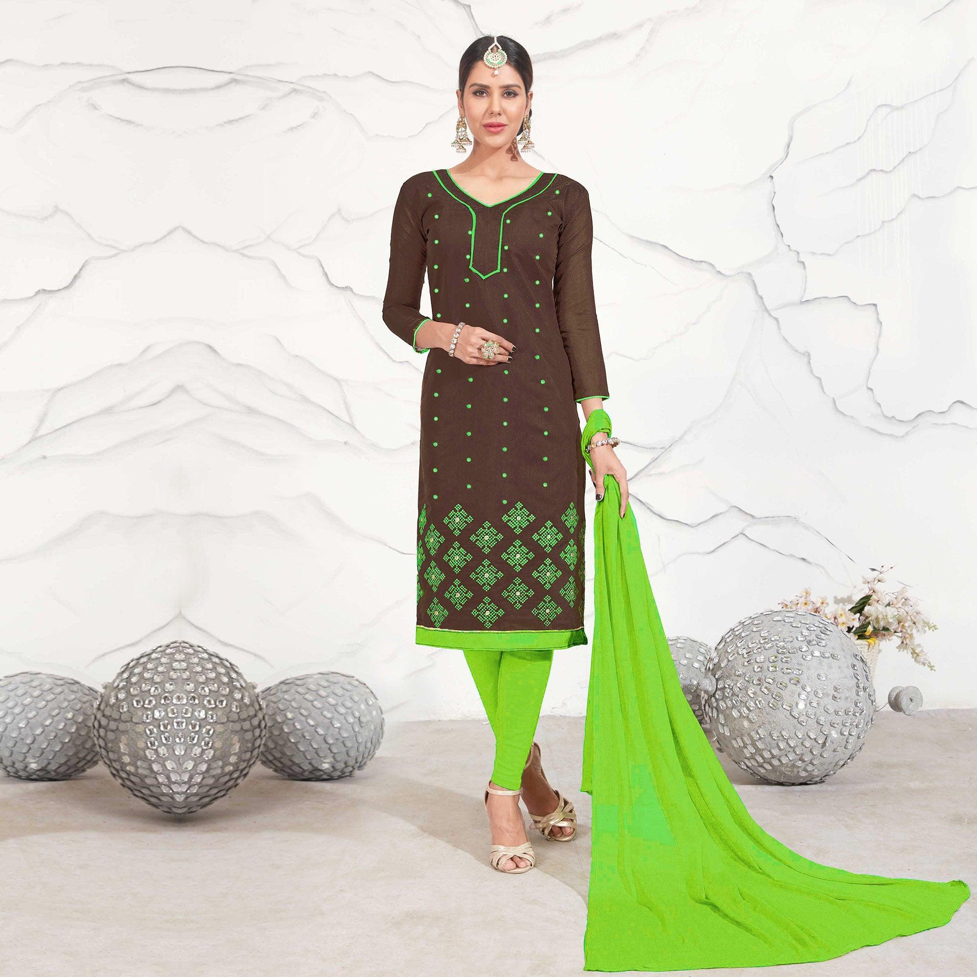 Brown - Light Green Embroidered Chanderi Dress Material