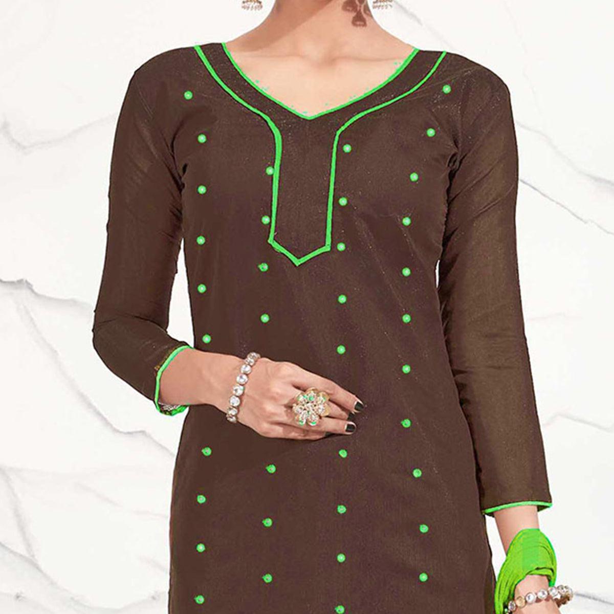Brown - Light Green Embroidered Chanderi Dress Material