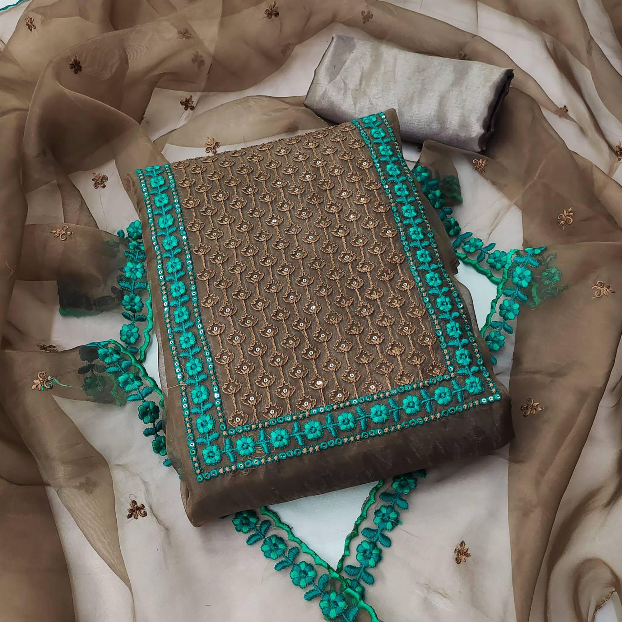 Brown Sequins Embroidered Organza Dress Material