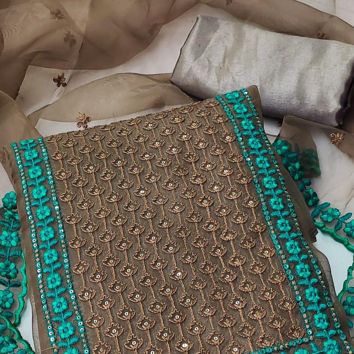 Brown Sequins Embroidered Organza Dress Material