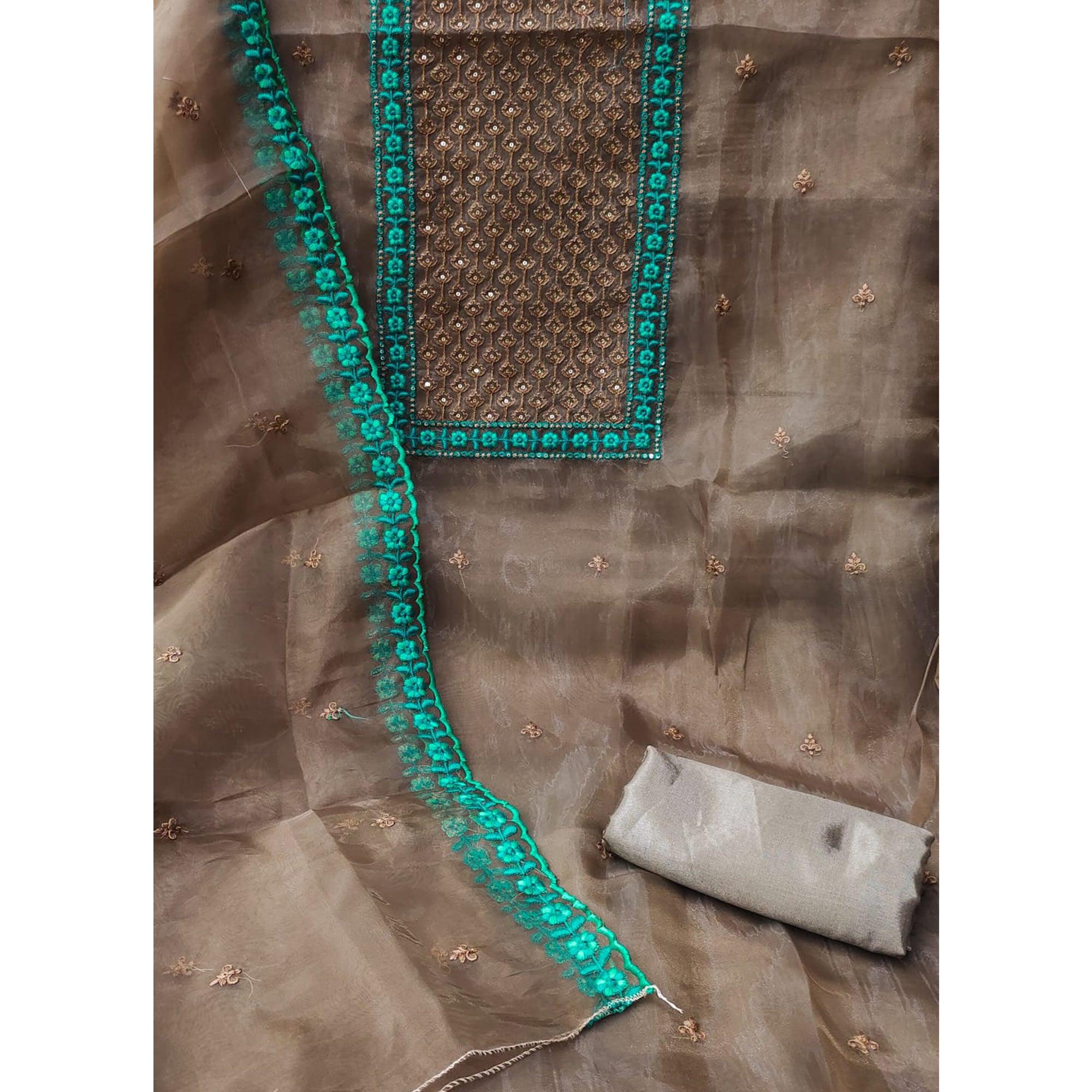 Brown Sequins Embroidered Organza Dress Material