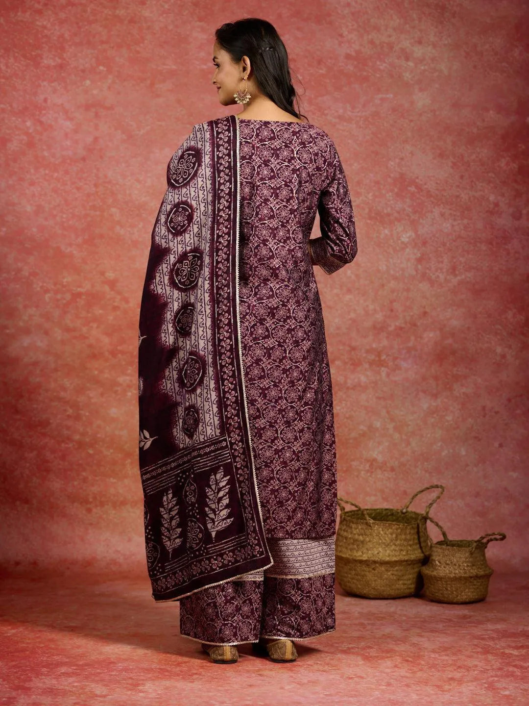 Burgundy Printed Silk Blend Straight Suit With Dupatta