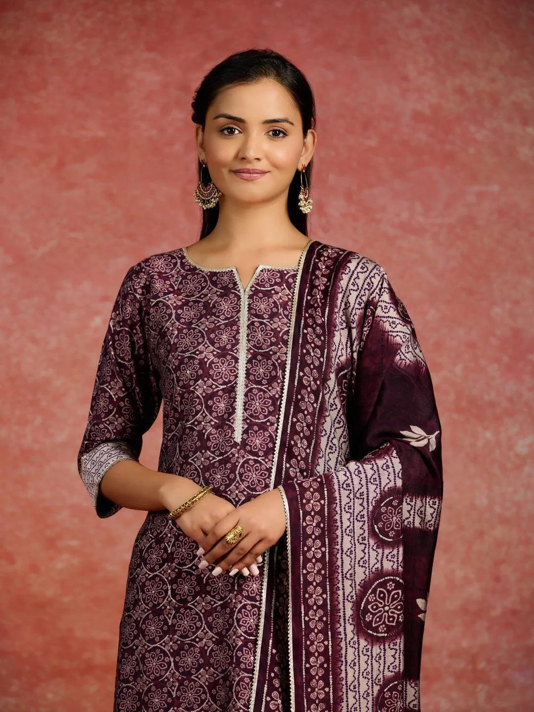 Burgundy Printed Silk Blend Straight Suit With Dupatta