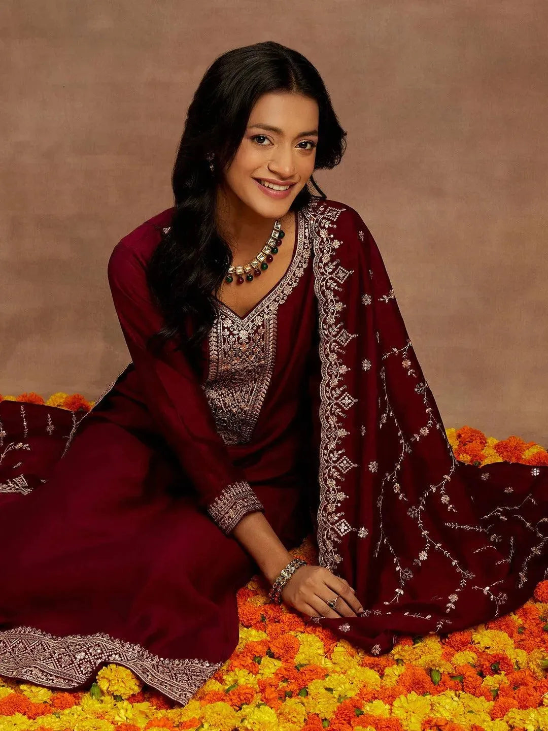 Burgundy Yoke Design Silk Blend Straight Suit With Dupatta