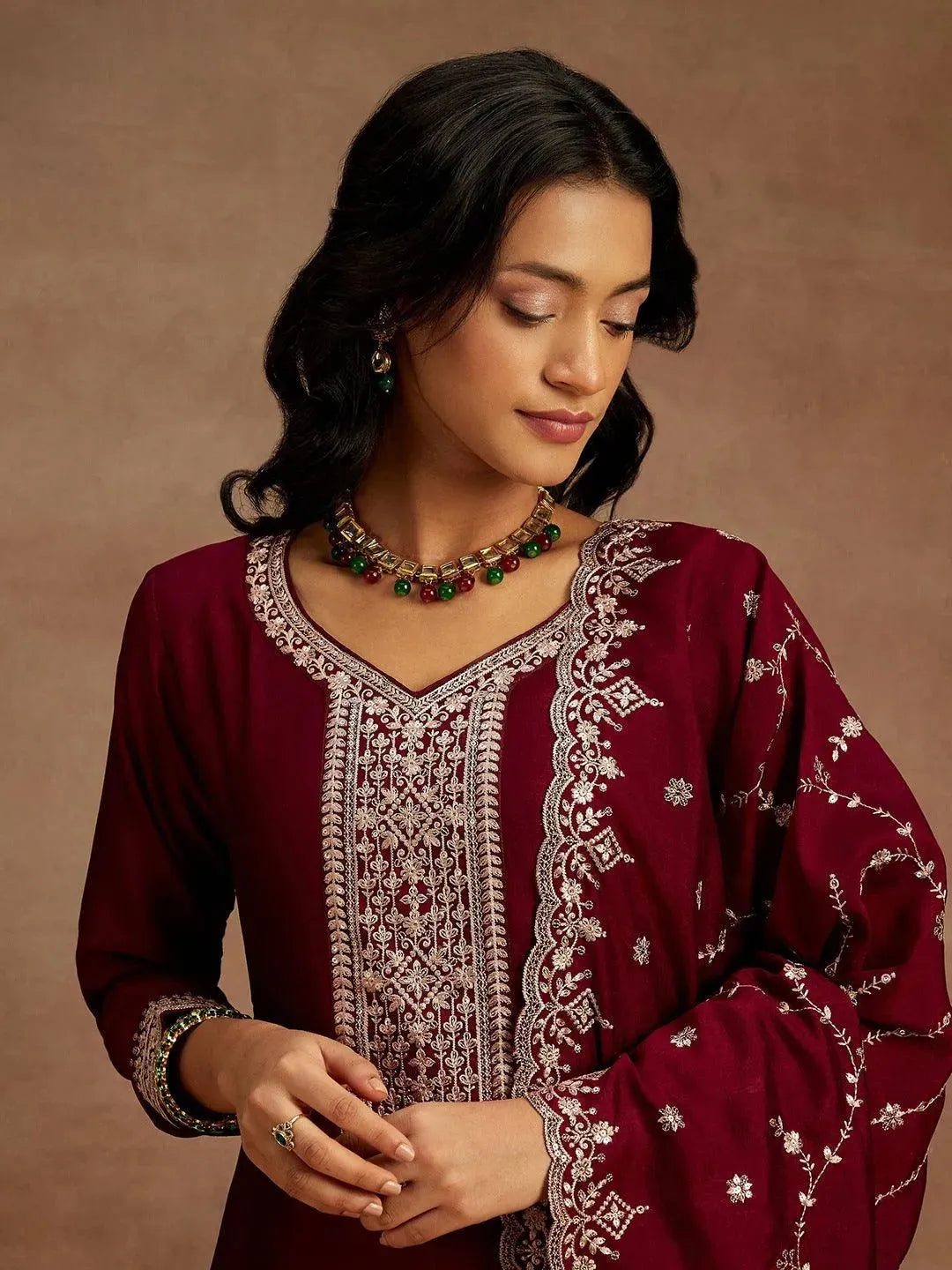 Burgundy Yoke Design Silk Blend Straight Suit With Dupatta