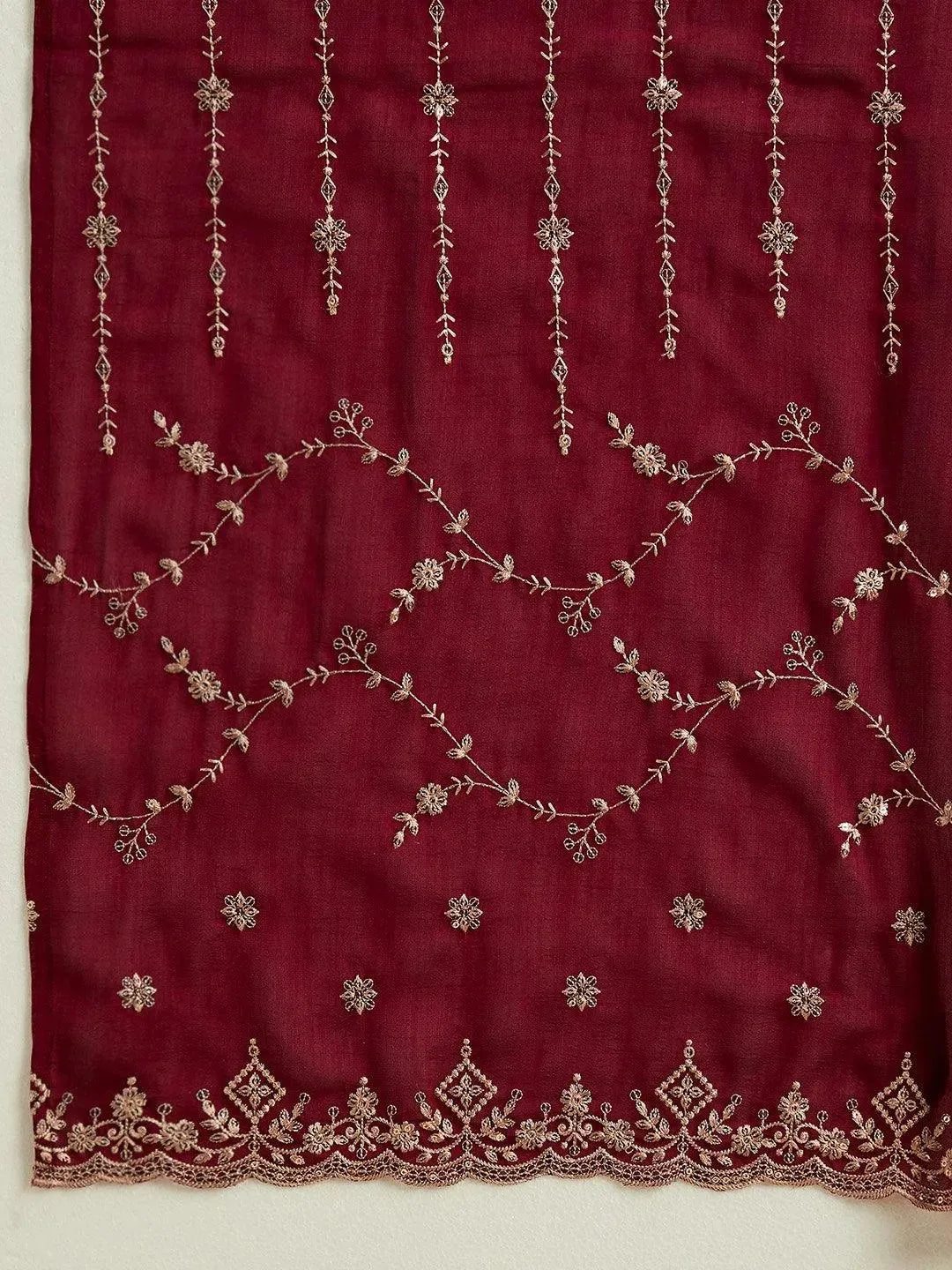 Burgundy Yoke Design Silk Blend Straight Suit With Dupatta