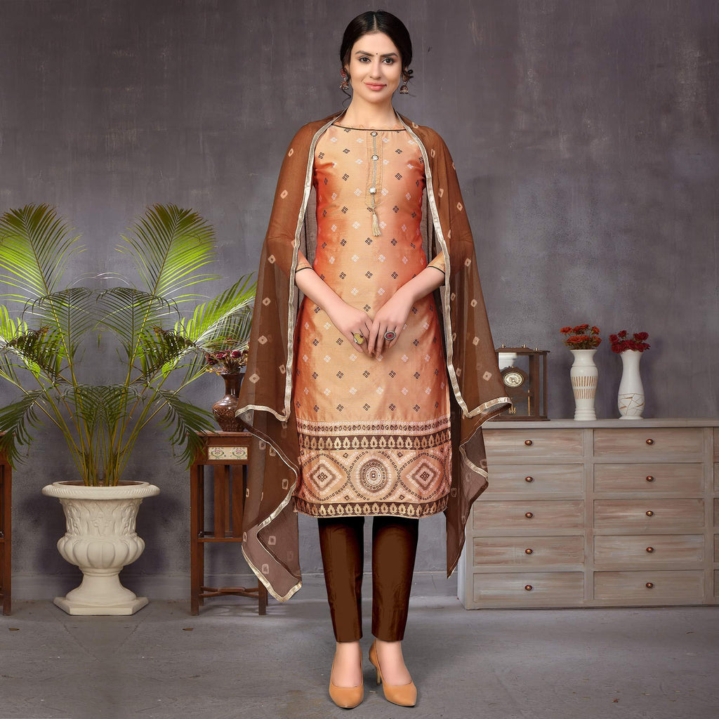 Capricious Beige Colored Festive Wear Woven Heavy Banarasi Silk Dress Material