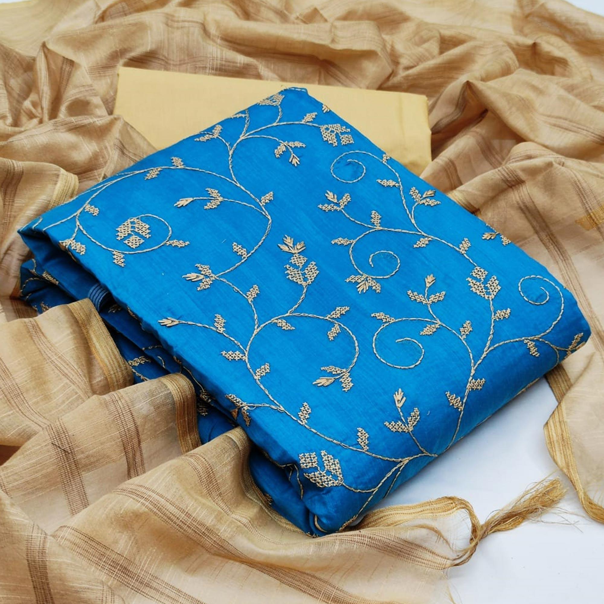 Captivating Sky Blue Colored Casual Wear Embroidered Chanderi Dress Material