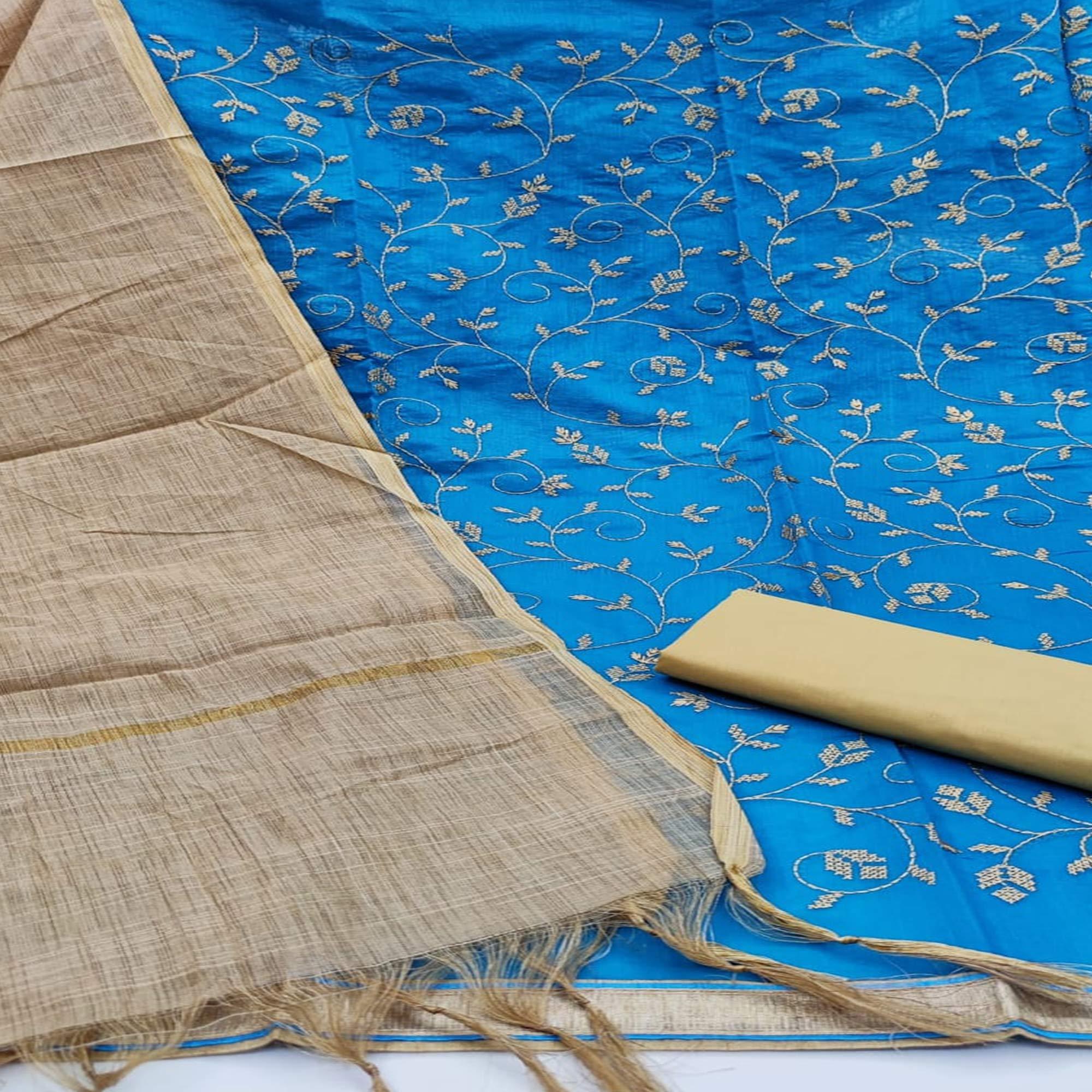 Captivating Sky Blue Colored Casual Wear Embroidered Chanderi Dress Material