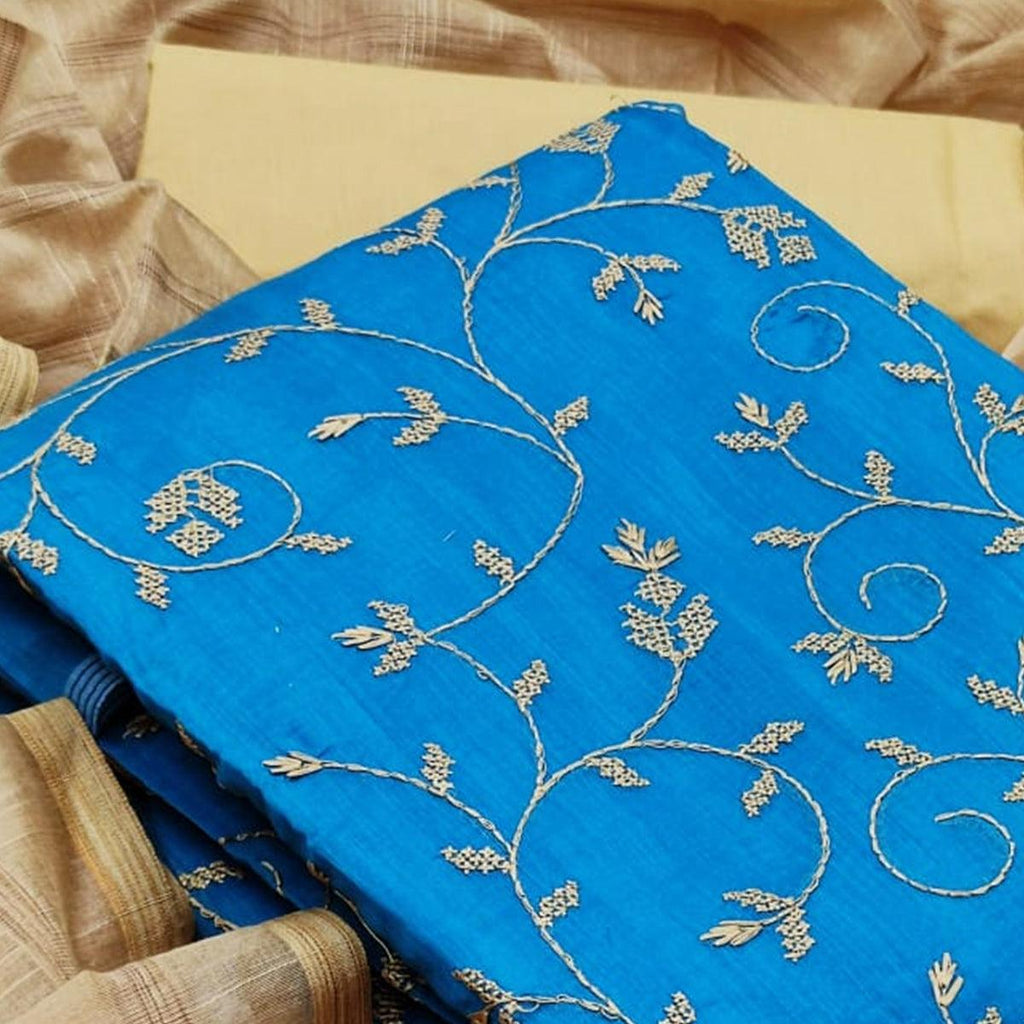 Captivating Sky Blue Colored Casual Wear Embroidered Chanderi Dress Material