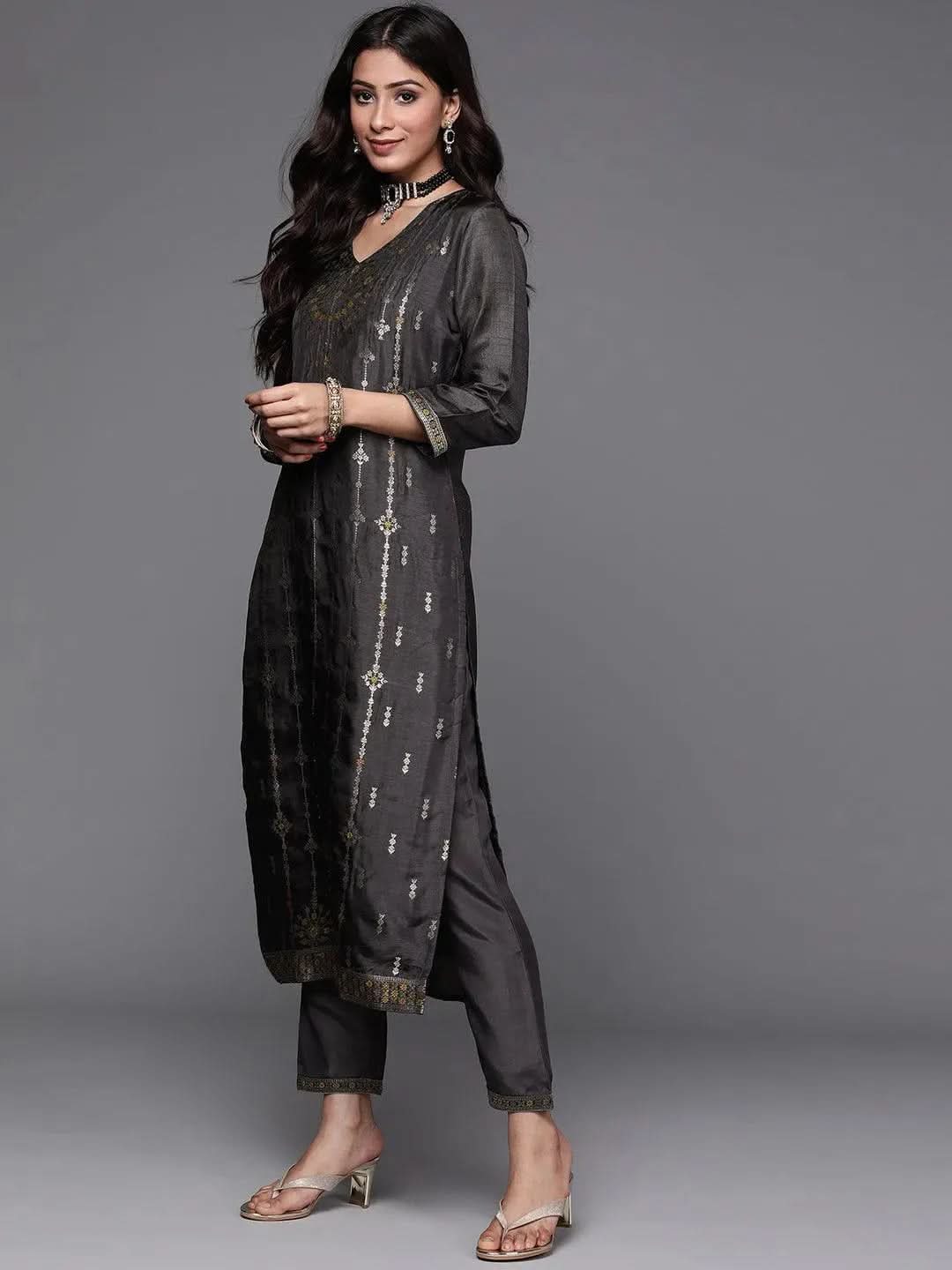 Charcoal Self Design Silk Straight Kurta With Dupatta
