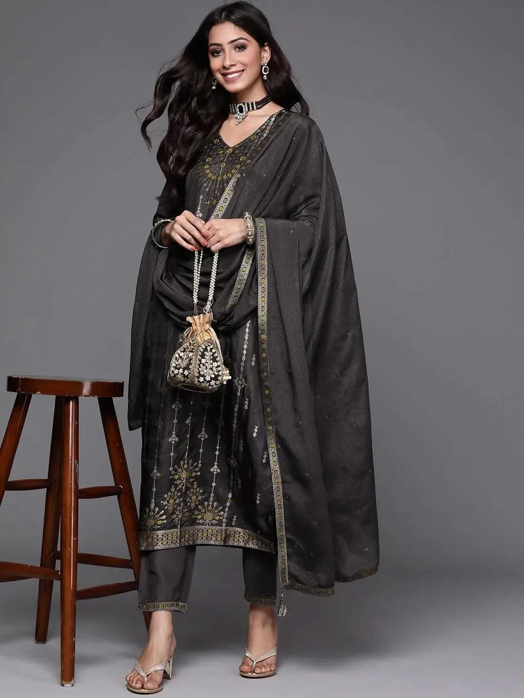 Charcoal Self Design Silk Straight Kurta With Dupatta