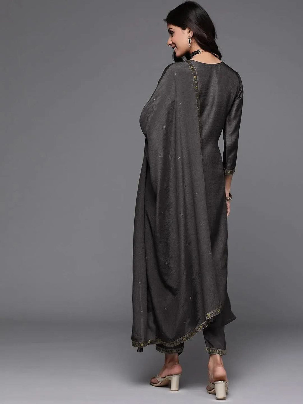 Charcoal Self Design Silk Straight Kurta With Dupatta
