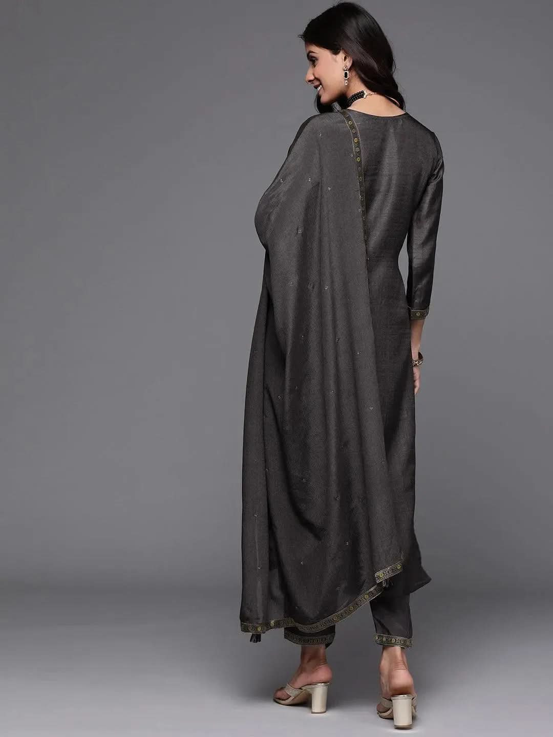 Charcoal Self Design Silk Straight Kurta With Dupatta