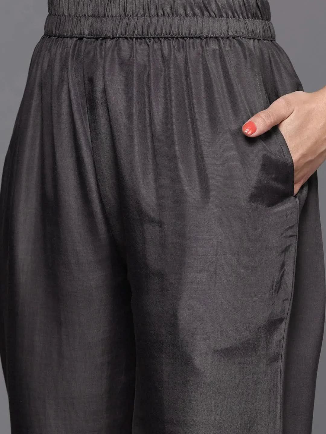 Charcoal Self Design Silk Straight Kurta With Dupatta