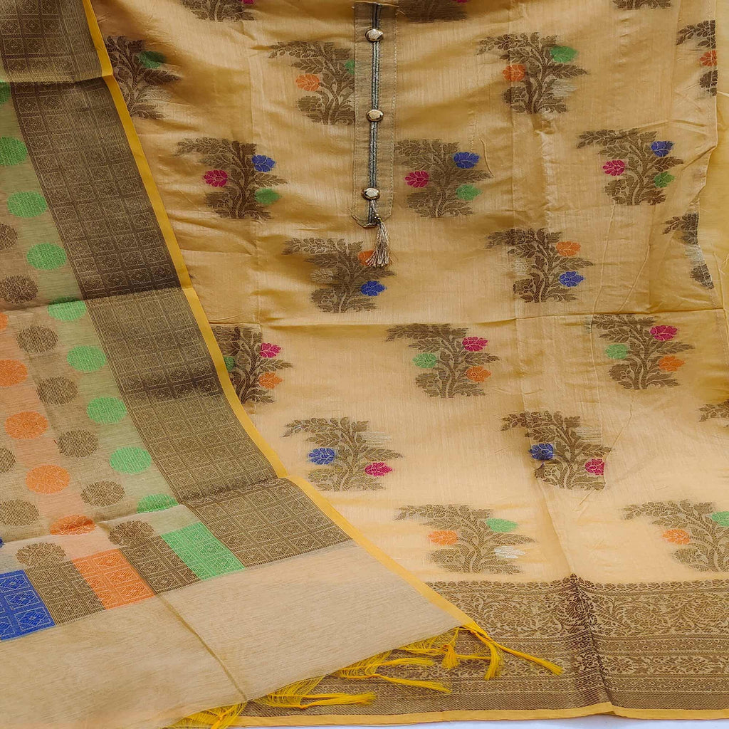 Chikoo Festive Wear Floral Woven Banarasi Silk Dress Material