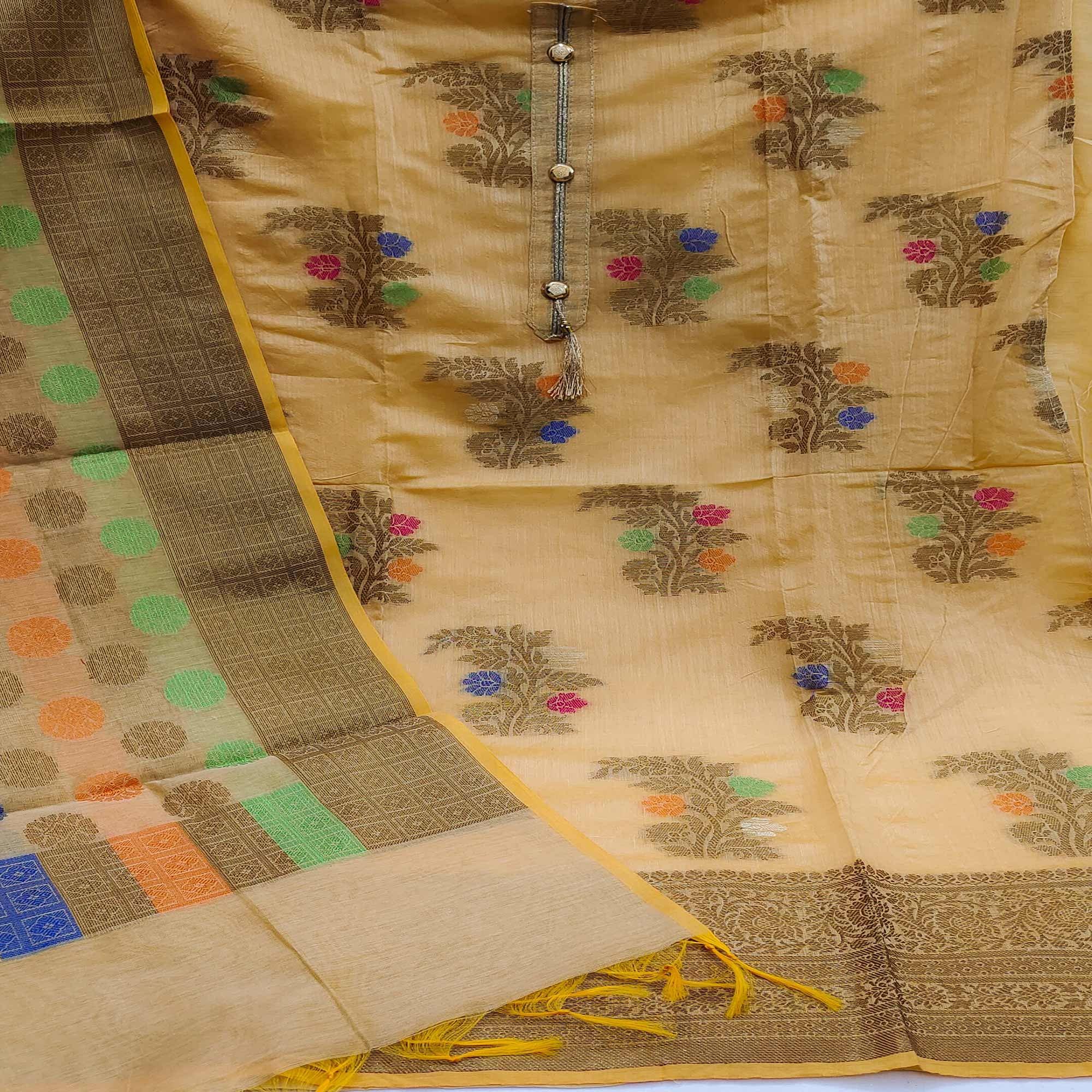 Chikoo Festive Wear Floral Woven Banarasi Silk Dress Material